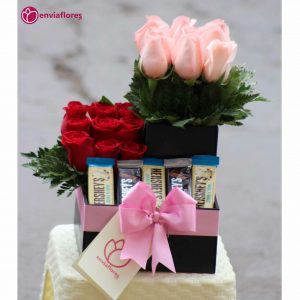 box con rosas rosadas y rojas