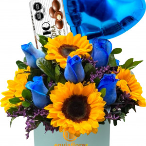 rosas azules con girasoles