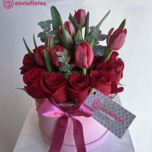 Box Premium con 16 Rosas, 10 tulipanes – Elegancia y Amor Infinito