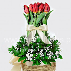 canasta de 10 tulipanes rojos